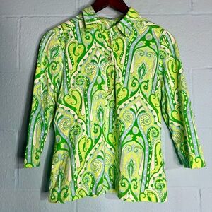 J. McLaughlin Lime and Green Paisley Button-Front Blouse